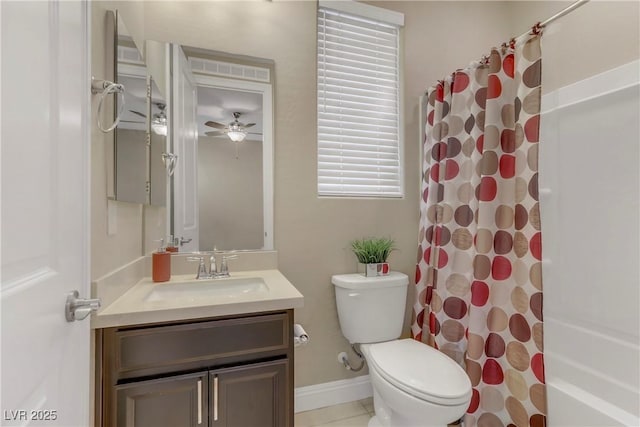 bathroom featuring vanity, ceiling fan, and toilet