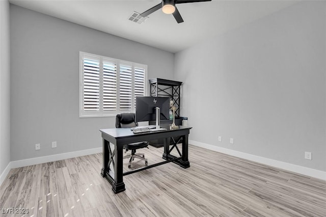 office space with ceiling fan and light wood-type flooring