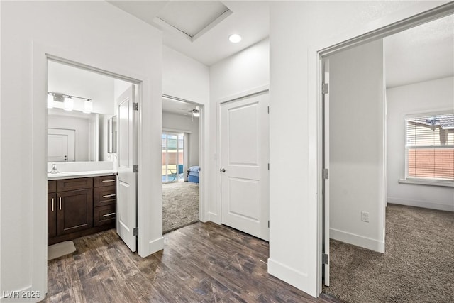 bathroom featuring hardwood / wood-style flooring, vanity, and a wealth of natural light