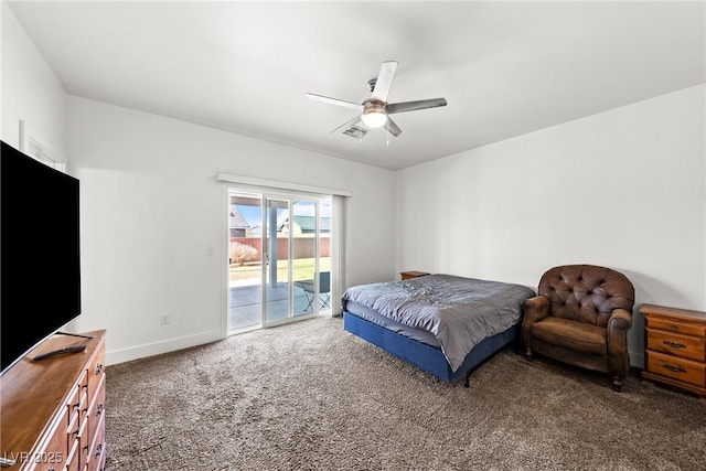 carpeted bedroom featuring access to outside and ceiling fan