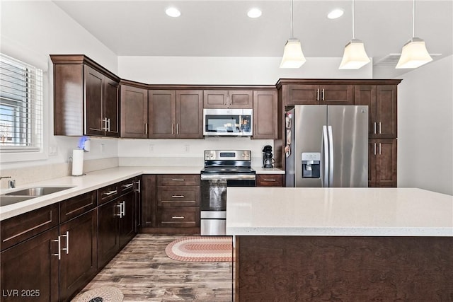 kitchen with decorative light fixtures, dark brown cabinets, and stainless steel appliances