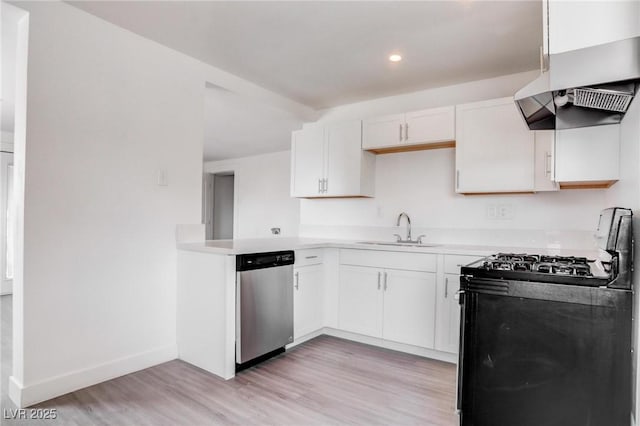 kitchen with stainless steel dishwasher, black gas stove, sink, and white cabinets