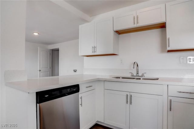 kitchen with white cabinetry, sink, stainless steel dishwasher, and kitchen peninsula