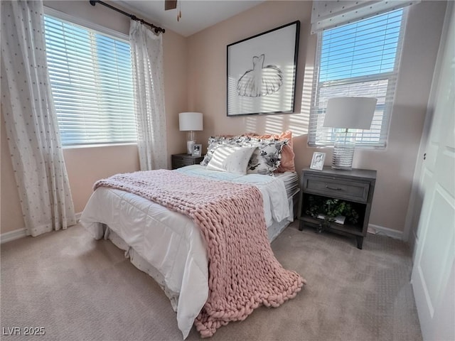 bedroom with light carpet