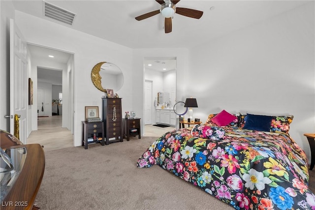 723 Orange Plume Walk Unit 0, Henderson, NV 89011 - bedroom with ceiling fan, ensuite bath, carpet, recessed lighting, and visible vents