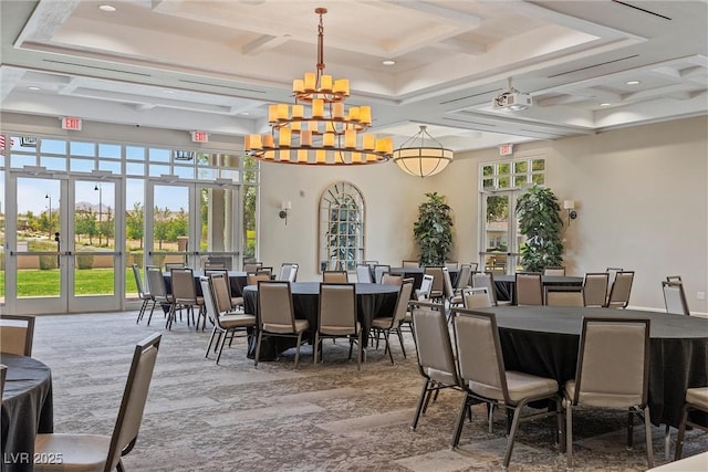 723 Orange Plume Walk Unit 0, Henderson, NV 89011 - dining area with carpet flooring, beamed ceiling, a notable chandelier, and coffered ceiling