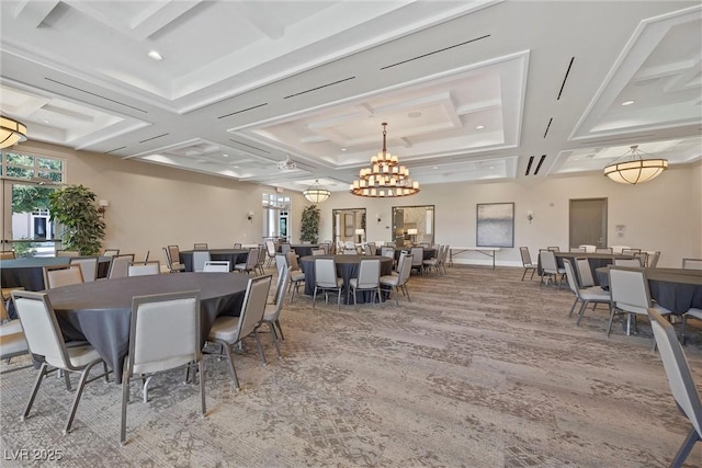 dining area featuring coffered ceiling, hardwood / wood-style floors, and a chandelier