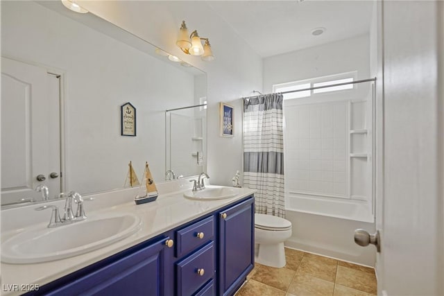 full bathroom with vanity, tile patterned floors, shower / bath combination with curtain, and toilet