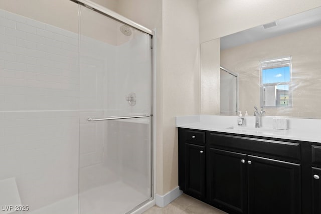 bathroom with visible vents, a stall shower, tile patterned flooring, and vanity