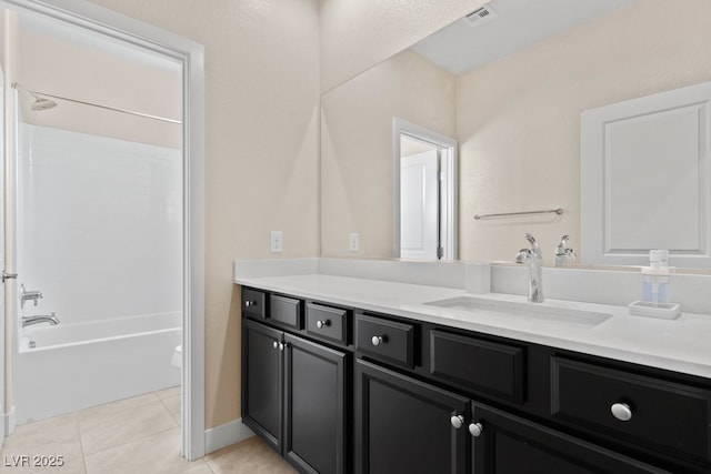 bathroom with visible vents, toilet, washtub / shower combination, vanity, and tile patterned floors