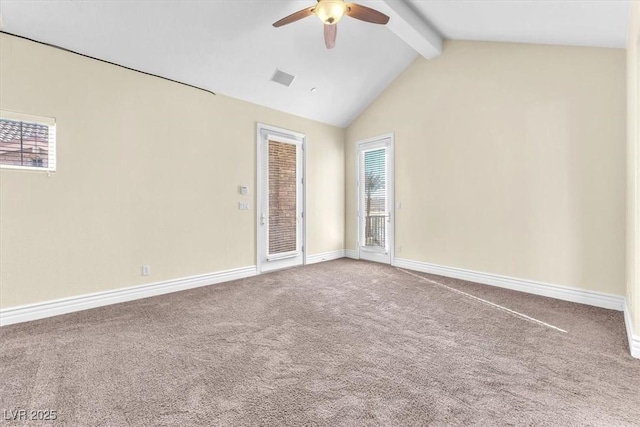 unfurnished room featuring carpet floors, lofted ceiling with beams, and ceiling fan