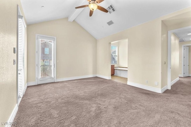 interior space with lofted ceiling with beams, light carpet, and ceiling fan