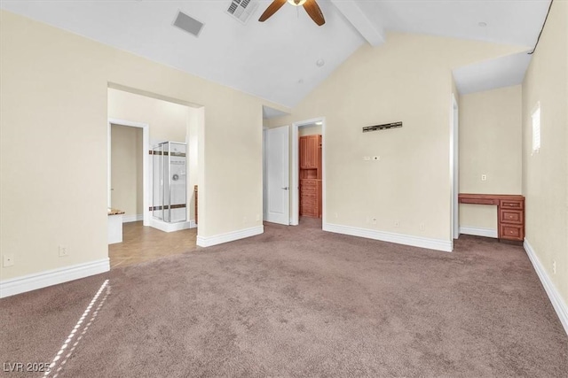 empty room with ceiling fan, beam ceiling, high vaulted ceiling, and carpet