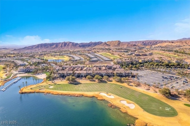 bird's eye view featuring a water and mountain view