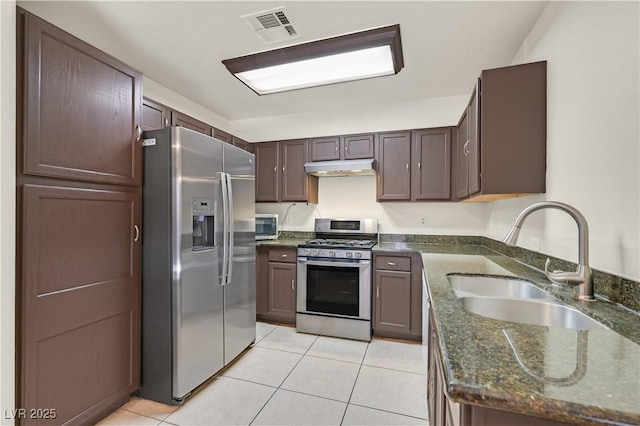 kitchen with under cabinet range hood, stainless steel appliances, a sink, visible vents, and dark stone counters