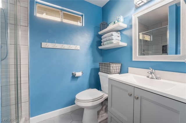 bathroom with vanity, a shower with shower door, tile patterned floors, and toilet