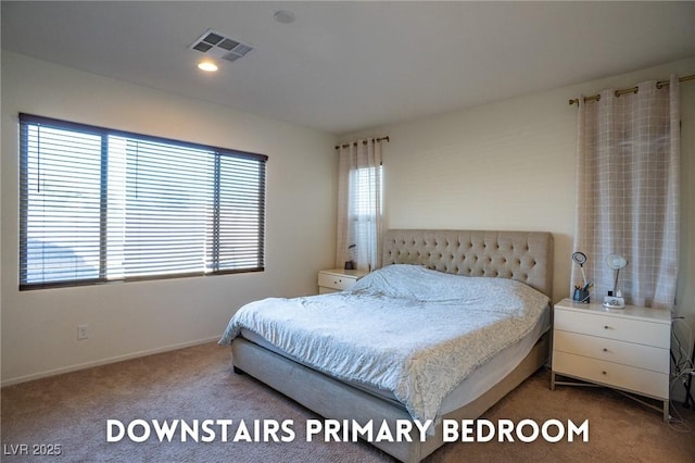 bedroom featuring carpet, visible vents, and recessed lighting