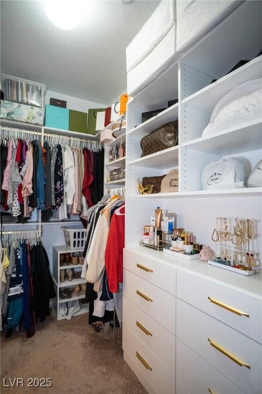 walk in closet with carpet flooring