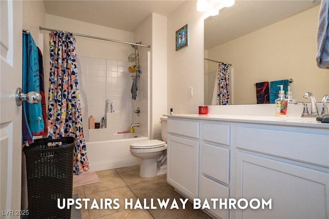 full bathroom with tile patterned flooring, vanity, shower / bath combination with curtain, and toilet