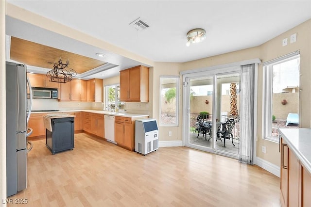 kitchen with appliances with stainless steel finishes, a center island, light hardwood / wood-style floors, and a tray ceiling