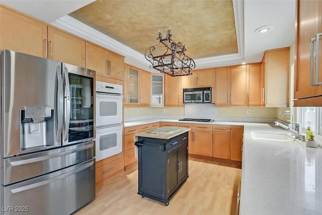 kitchen featuring sink, appliances with stainless steel finishes, a tray ceiling, a kitchen island, and decorative light fixtures