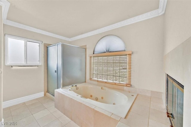 bathroom featuring crown molding, separate shower and tub, and tile patterned floors