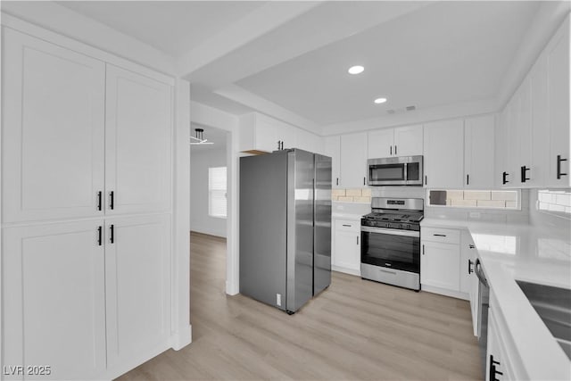 kitchen with white cabinetry, stainless steel appliances, light hardwood / wood-style flooring, and backsplash