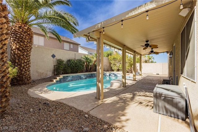 view of pool featuring a patio area and ceiling fan