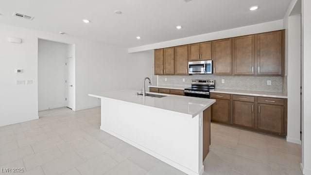 4485 E Brusca Way, Pahrump, NV 89061 - kitchen featuring a sink, decorative backsplash, a center island with sink, appliances with stainless steel finishes, and visible vents