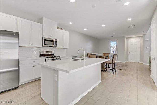 kitchen featuring sink, tasteful backsplash, appliances with stainless steel finishes, a kitchen island with sink, and white cabinets