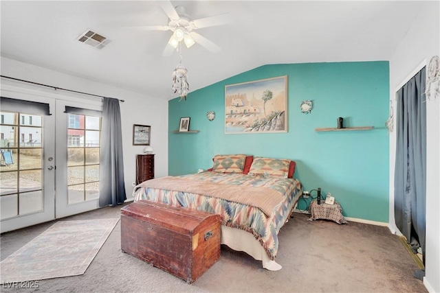 carpeted bedroom with lofted ceiling, access to outside, ceiling fan, and french doors