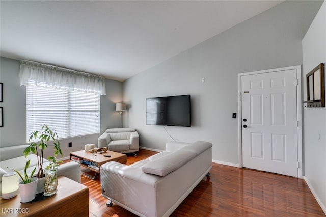 living room with vaulted ceiling and wood-type flooring