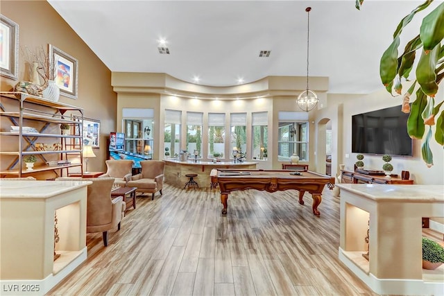 rec room featuring pool table and light hardwood / wood-style flooring