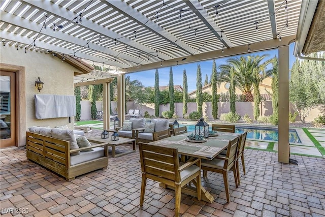 view of patio with a fenced in pool, outdoor lounge area, and a pergola