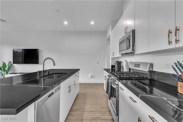 kitchen featuring white cabinetry, stainless steel appliances, light hardwood / wood-style floors, and sink