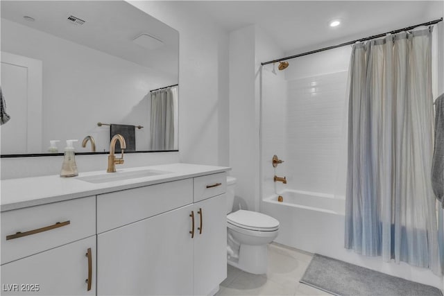 full bathroom with toilet, tile patterned floors, vanity, and shower / bathtub combination with curtain