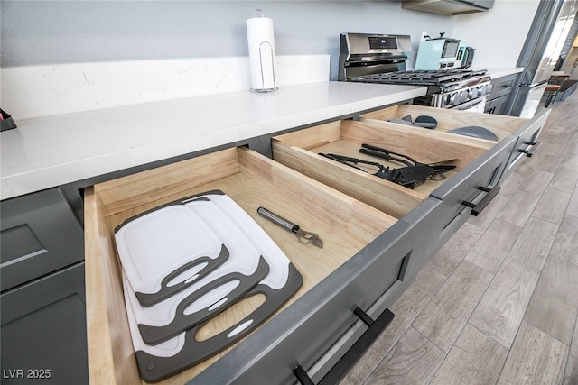 kitchen with hanging light fixtures and stainless steel gas range