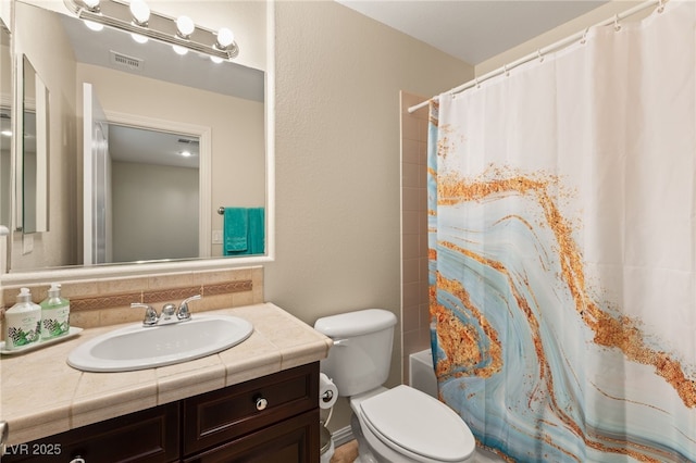 full bathroom with vanity, toilet, shower / tub combo, and decorative backsplash