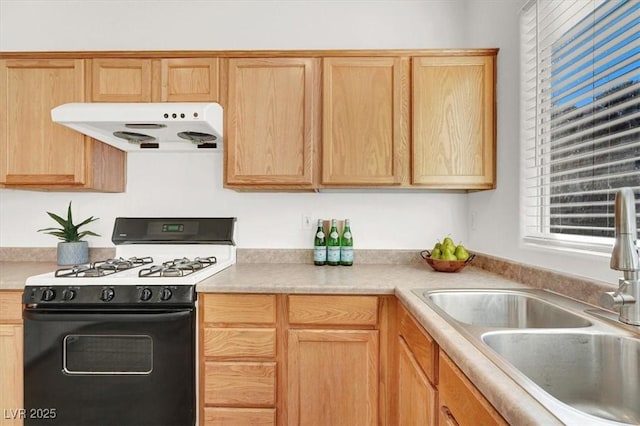 kitchen featuring sink, extractor fan, gas stove, and light brown cabinets