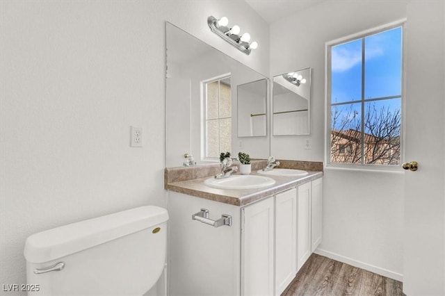 bathroom featuring vanity, hardwood / wood-style flooring, and toilet