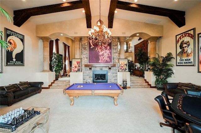 game room featuring carpet flooring, a fireplace, pool table, and ornate columns