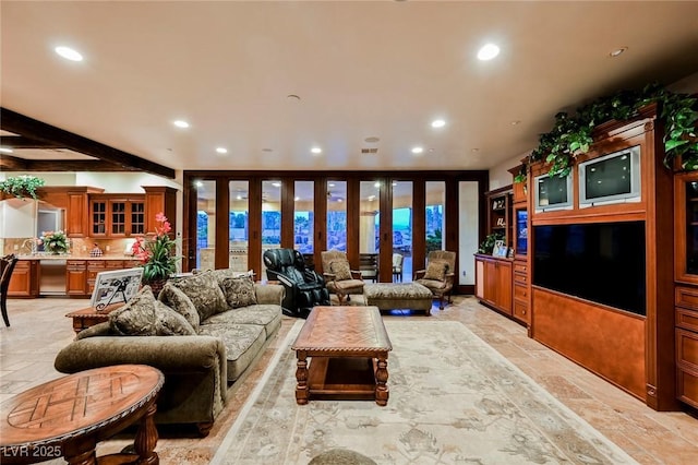 living room with sink and beam ceiling