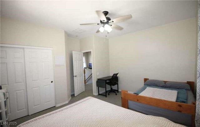 bedroom featuring ceiling fan and a closet