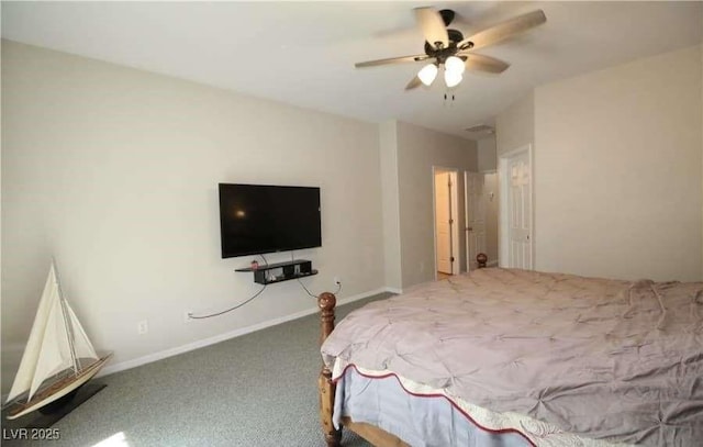 bedroom with ceiling fan and carpet floors