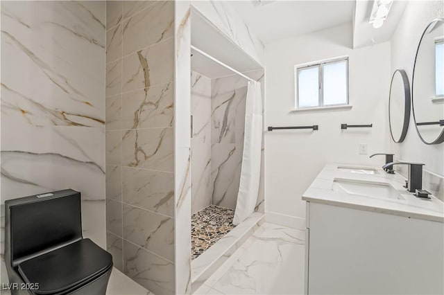 bathroom featuring vanity and a shower with shower curtain