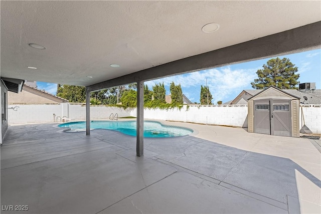 view of pool featuring a patio area and a shed