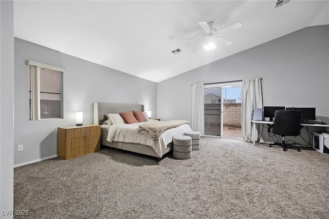 carpeted bedroom with ceiling fan, vaulted ceiling, and access to outside