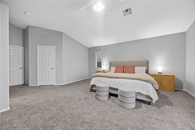 bedroom featuring carpet, lofted ceiling, and ceiling fan