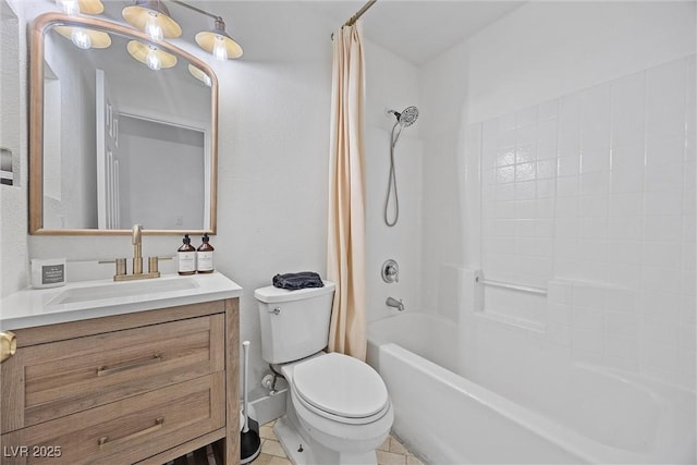 full bathroom with vanity, shower / bath combination with curtain, and toilet