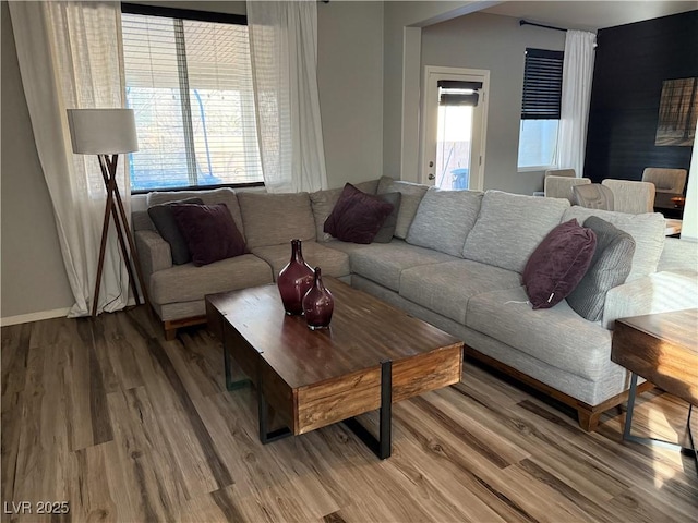 living room with wood finished floors and baseboards